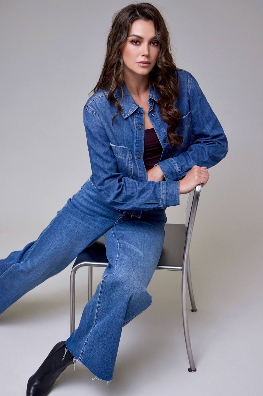 Medium Wash Cropped Denim Shirt