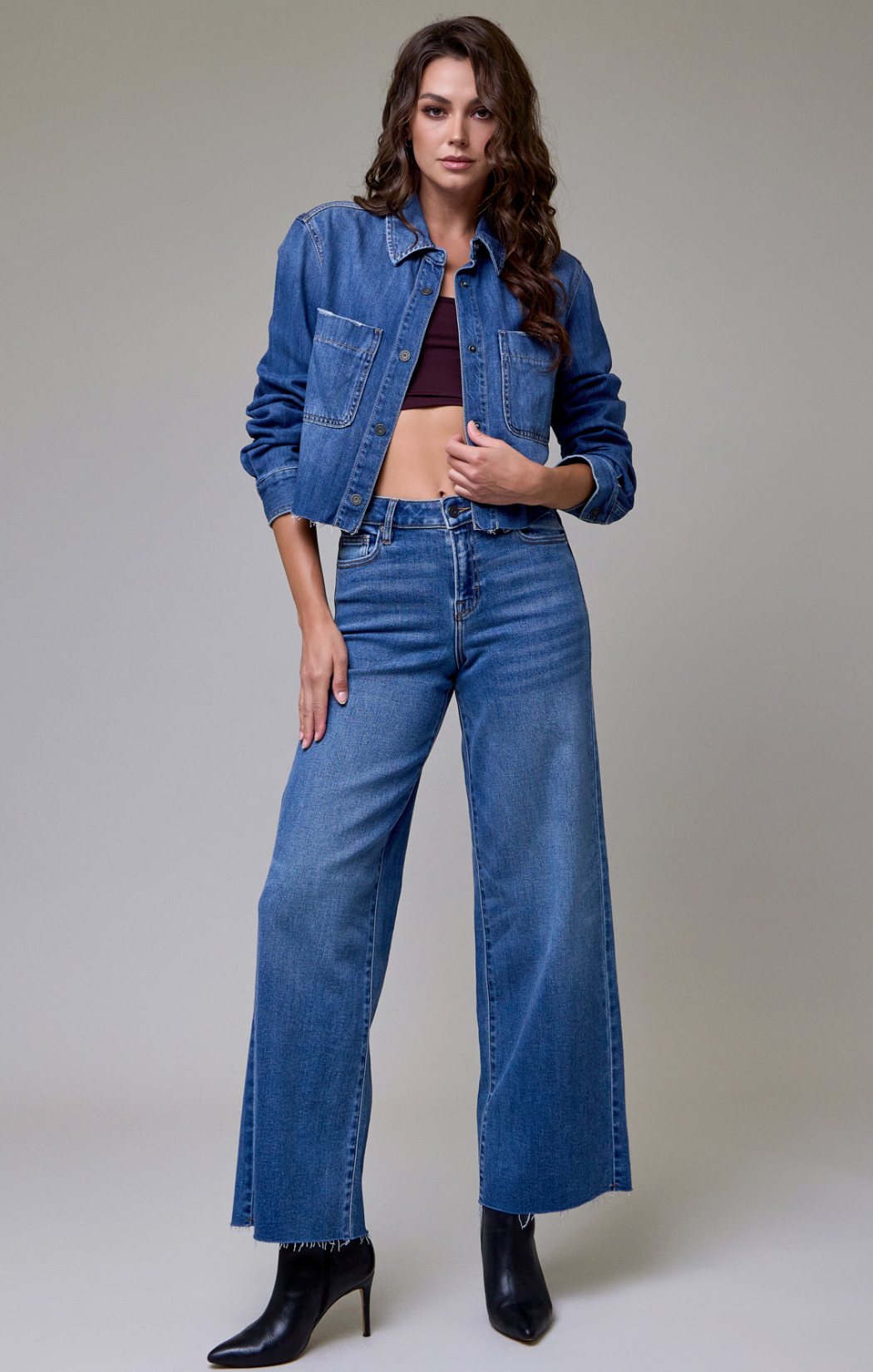 Medium Wash Cropped Denim Shirt