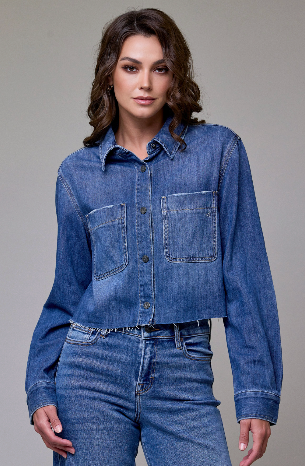 Medium Wash Cropped Denim Shirt