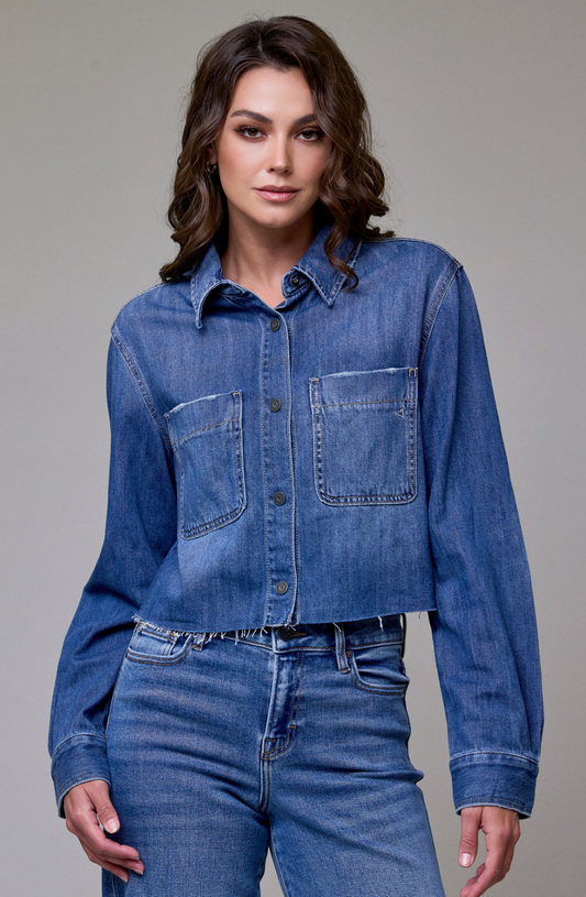 Medium Wash Cropped Denim Shirt