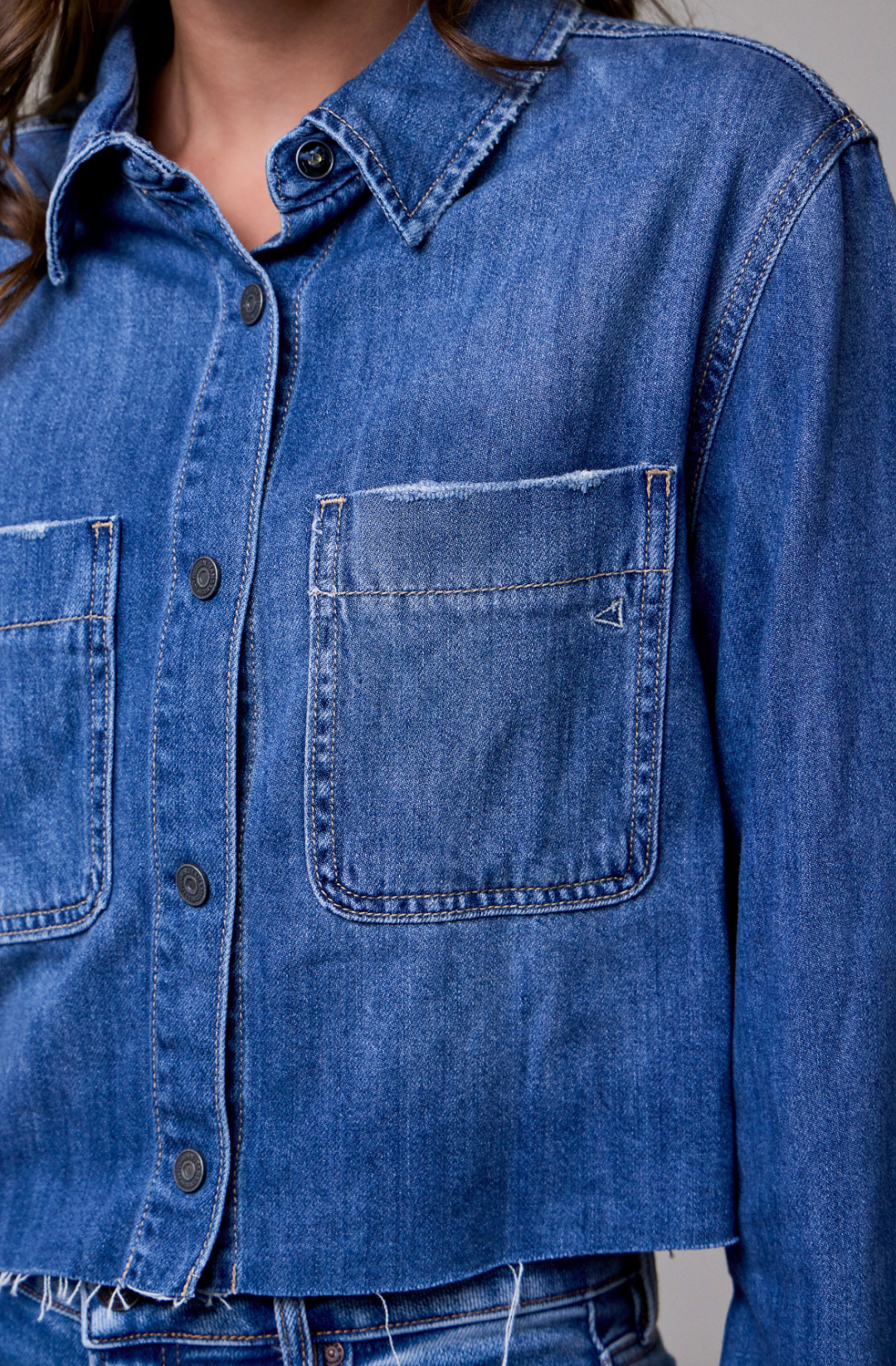 Medium Wash Cropped Denim Shirt
