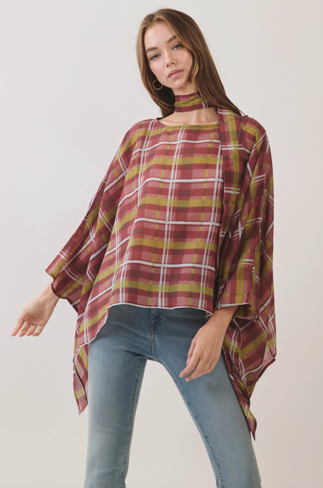 Plaid Scarf Neck Poncho Top