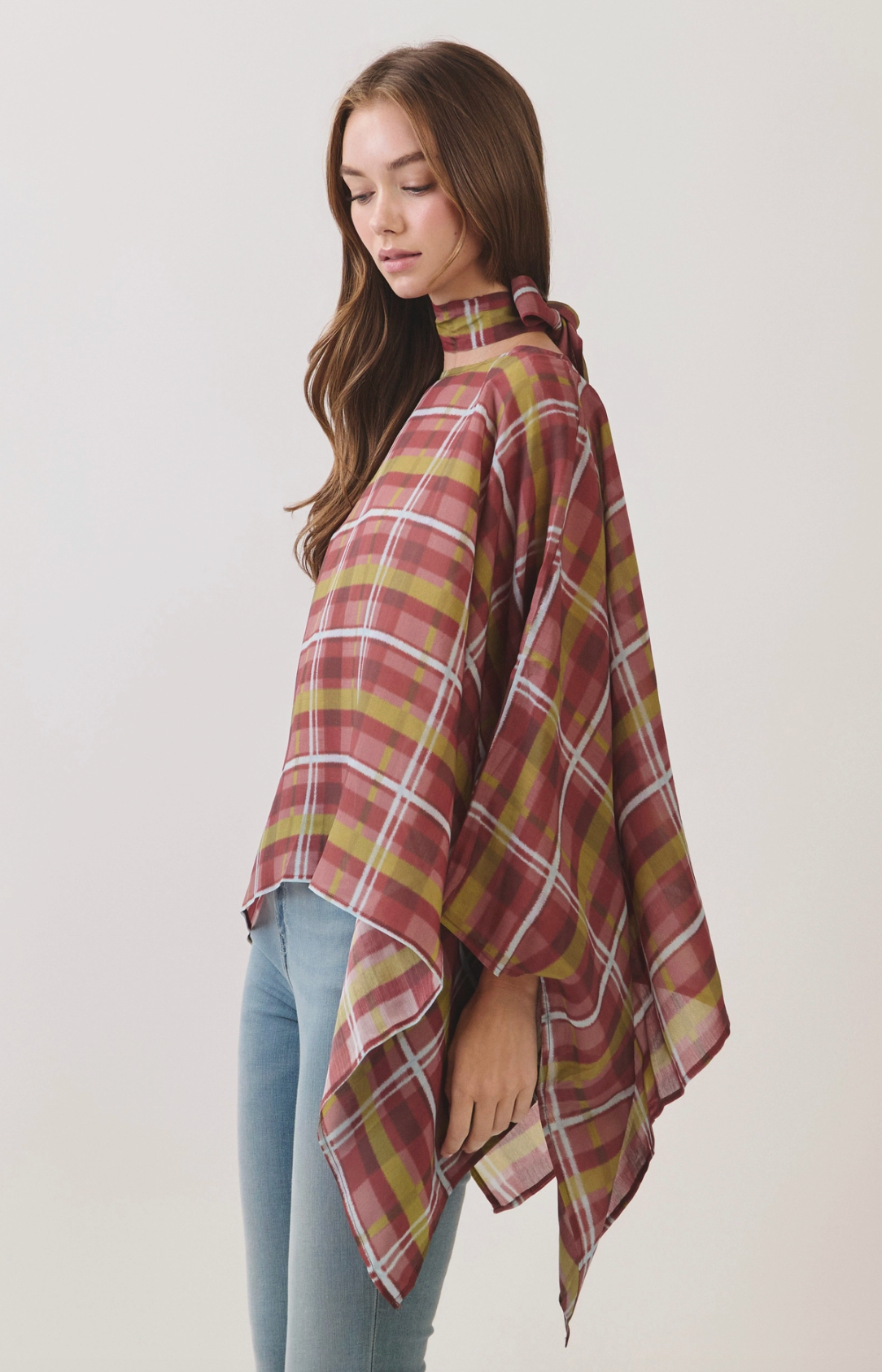 Plaid Scarf Neck Poncho Top
