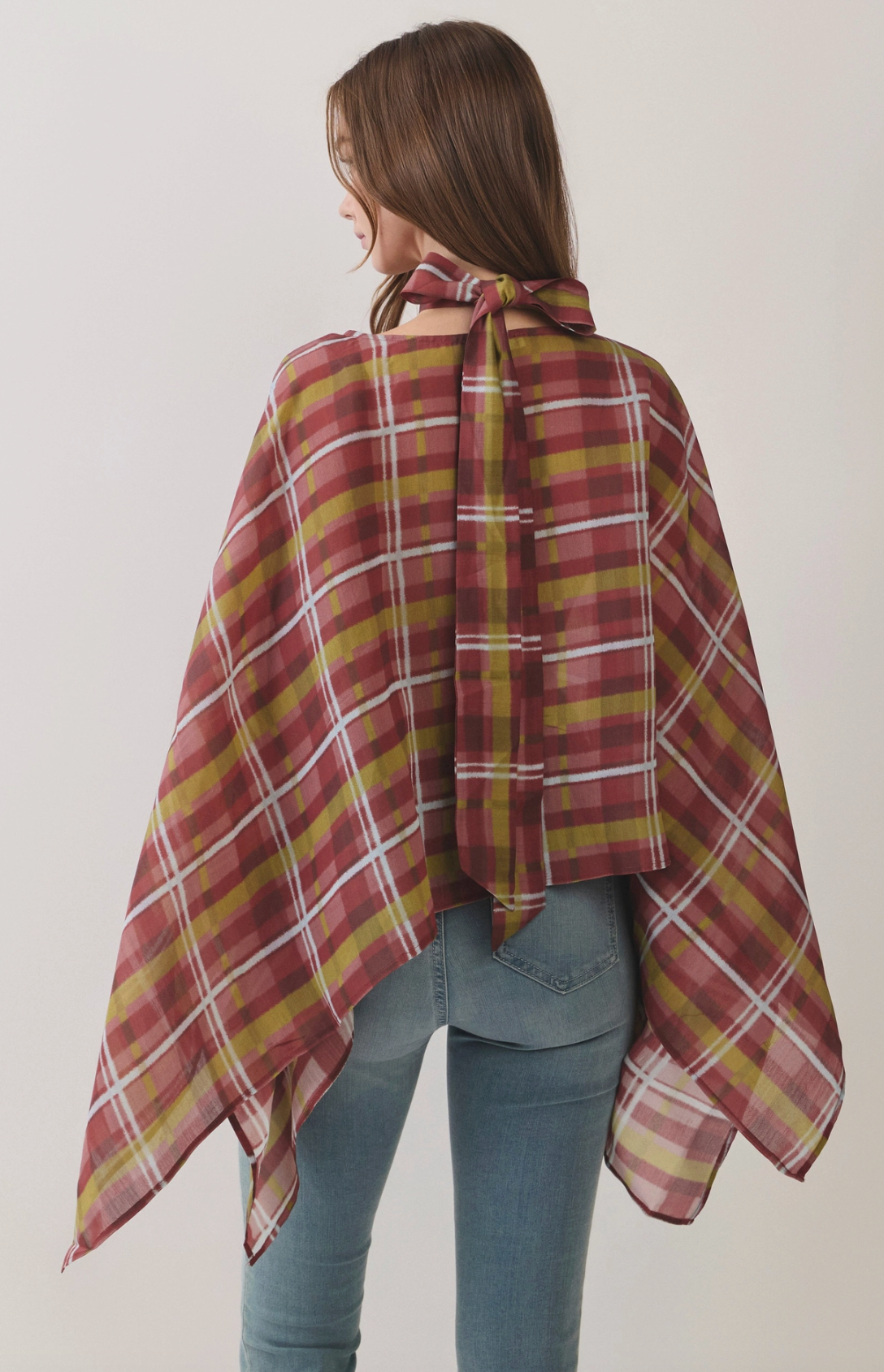Plaid Scarf Neck Poncho Top