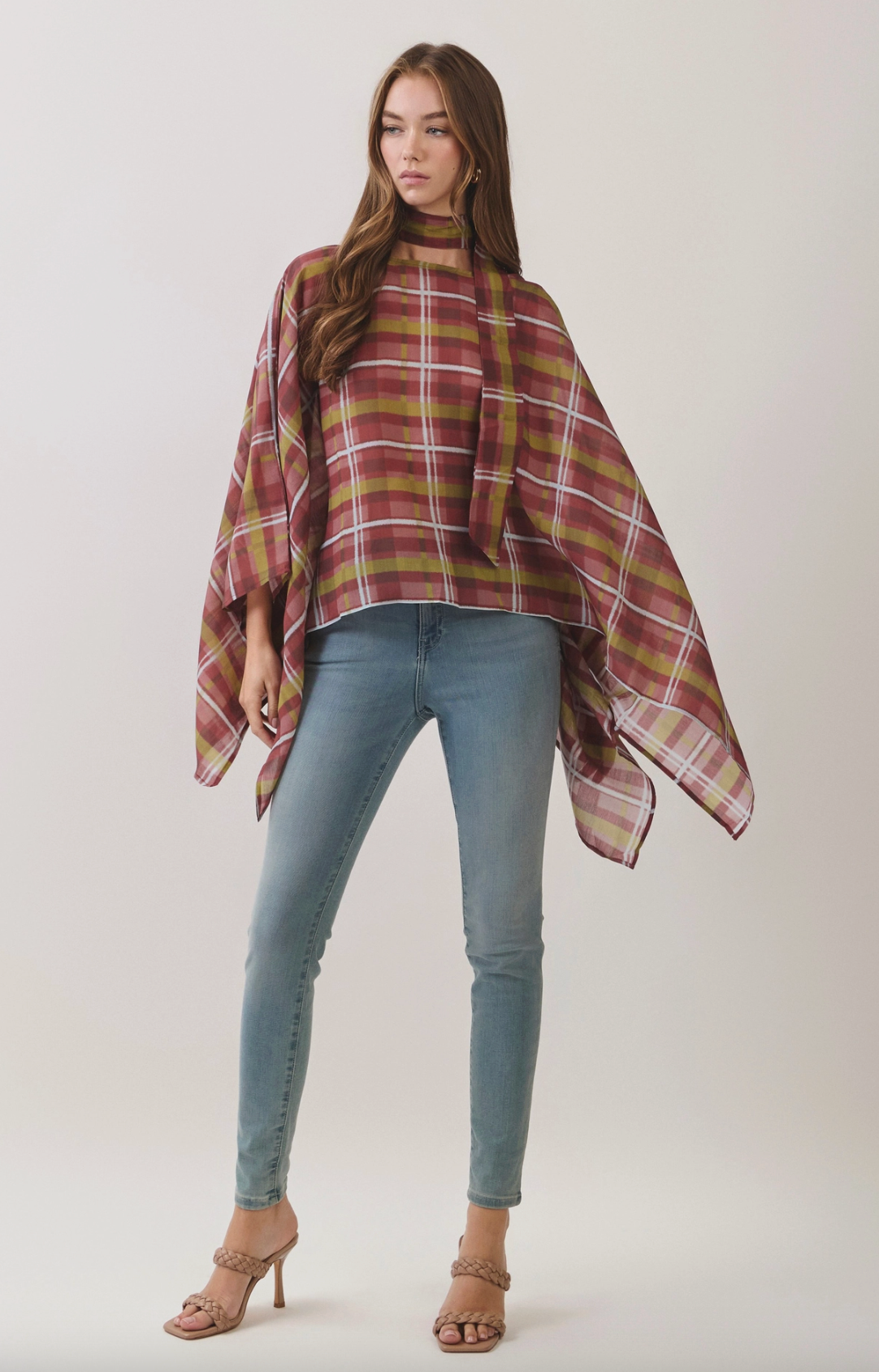 Plaid Scarf Neck Poncho Top
