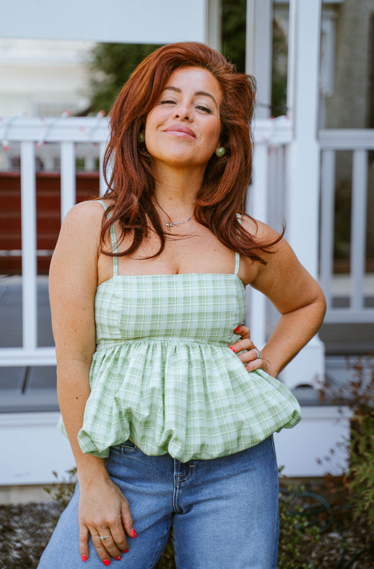 Green Gingham Peplum Top
