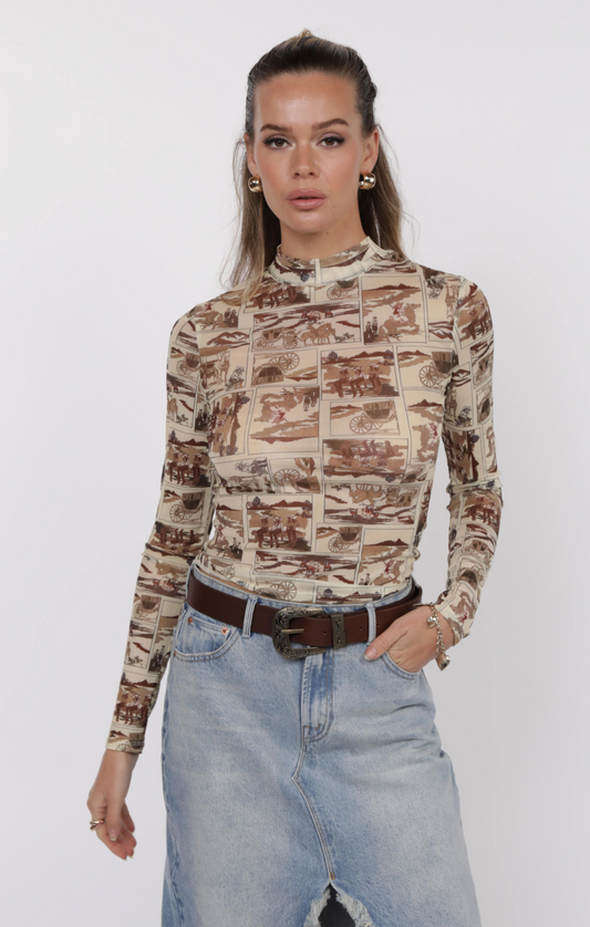 Giddy Up Mock Neck Mesh Top