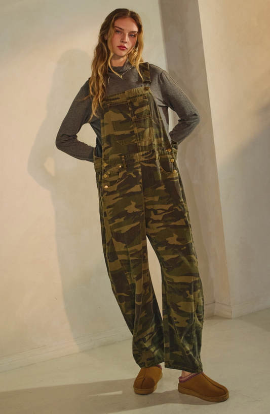 Camo Denim Barrel Overalls