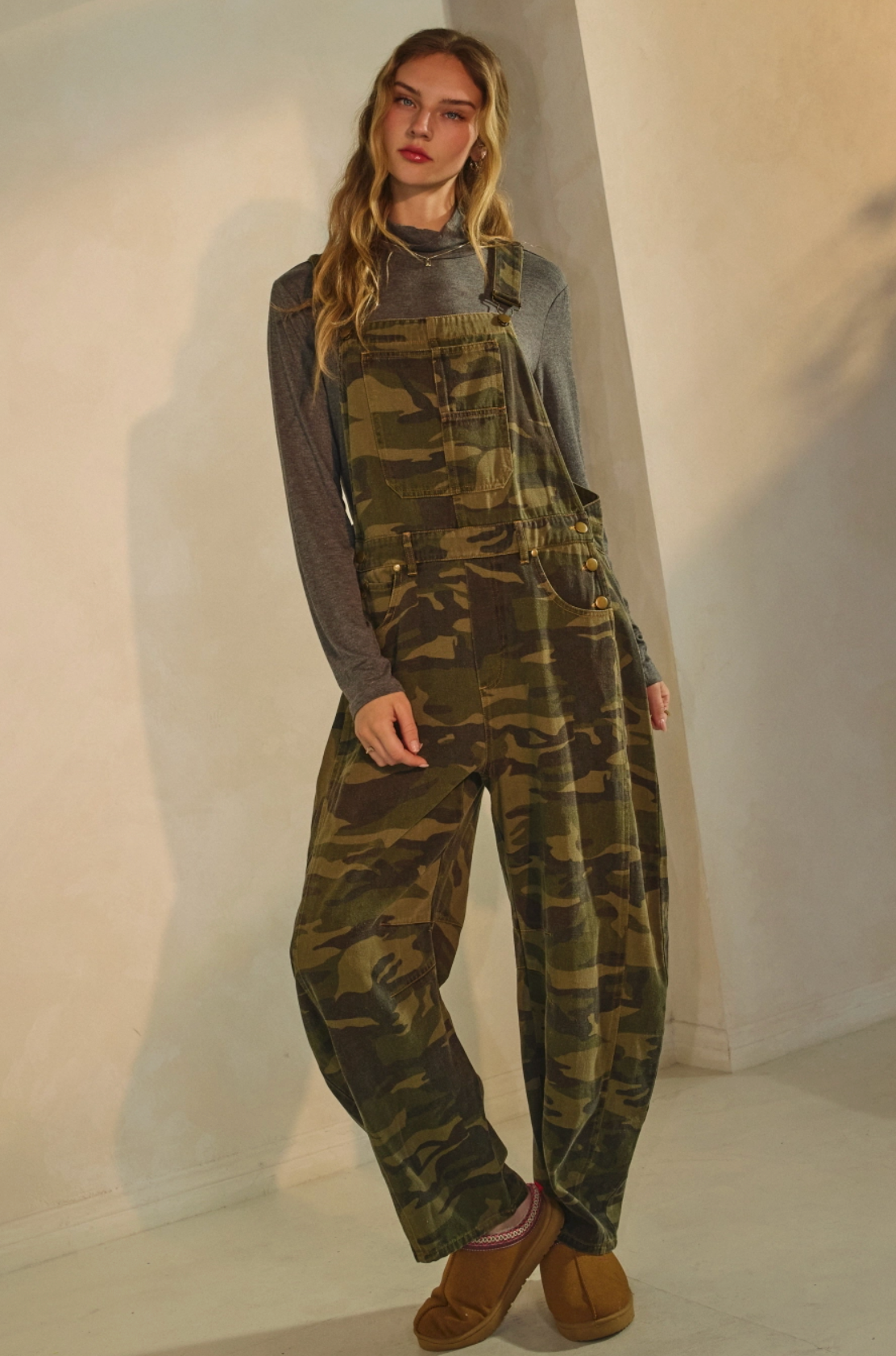 Camo Denim Barrel Overalls