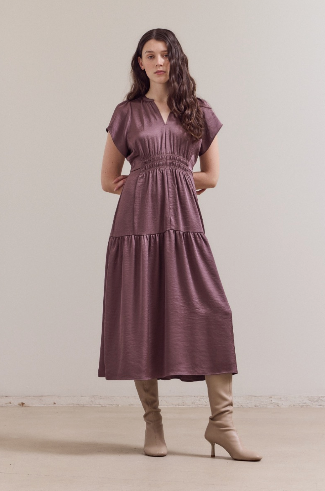 Ruffle Matte Satin Midi Dress