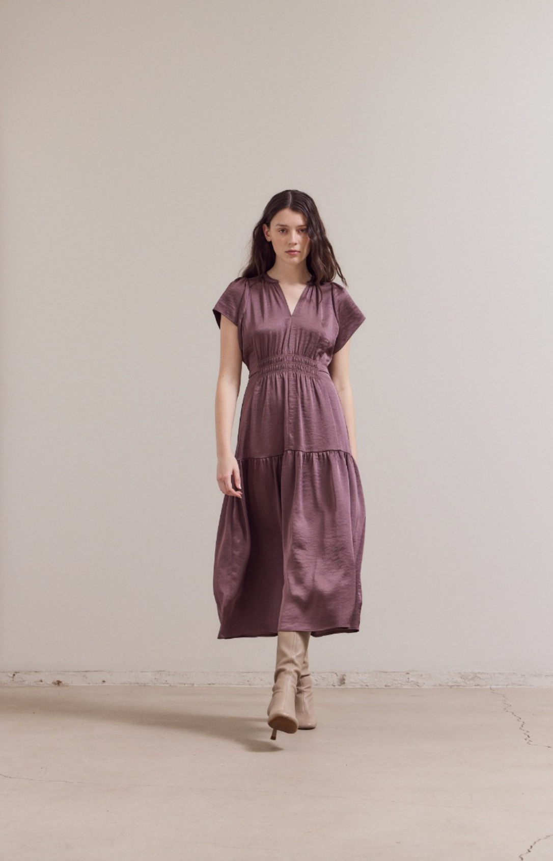 Ruffle Matte Satin Midi Dress