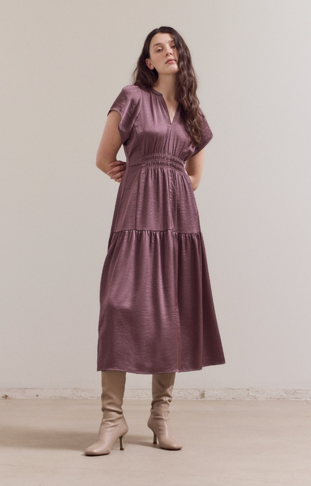 Ruffle Matte Satin Midi Dress