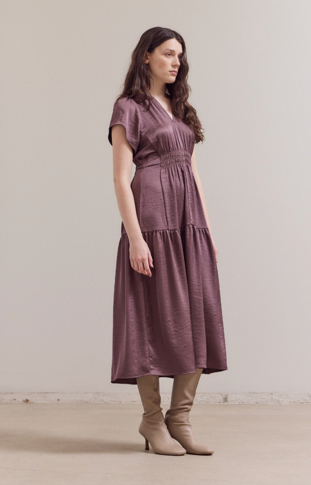 Ruffle Matte Satin Midi Dress