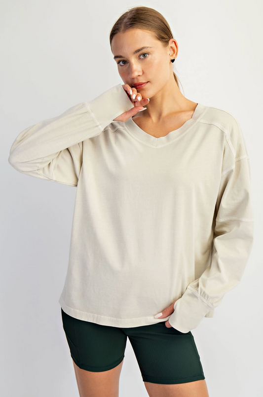 Pigment Washed Cotton V-Neck Top