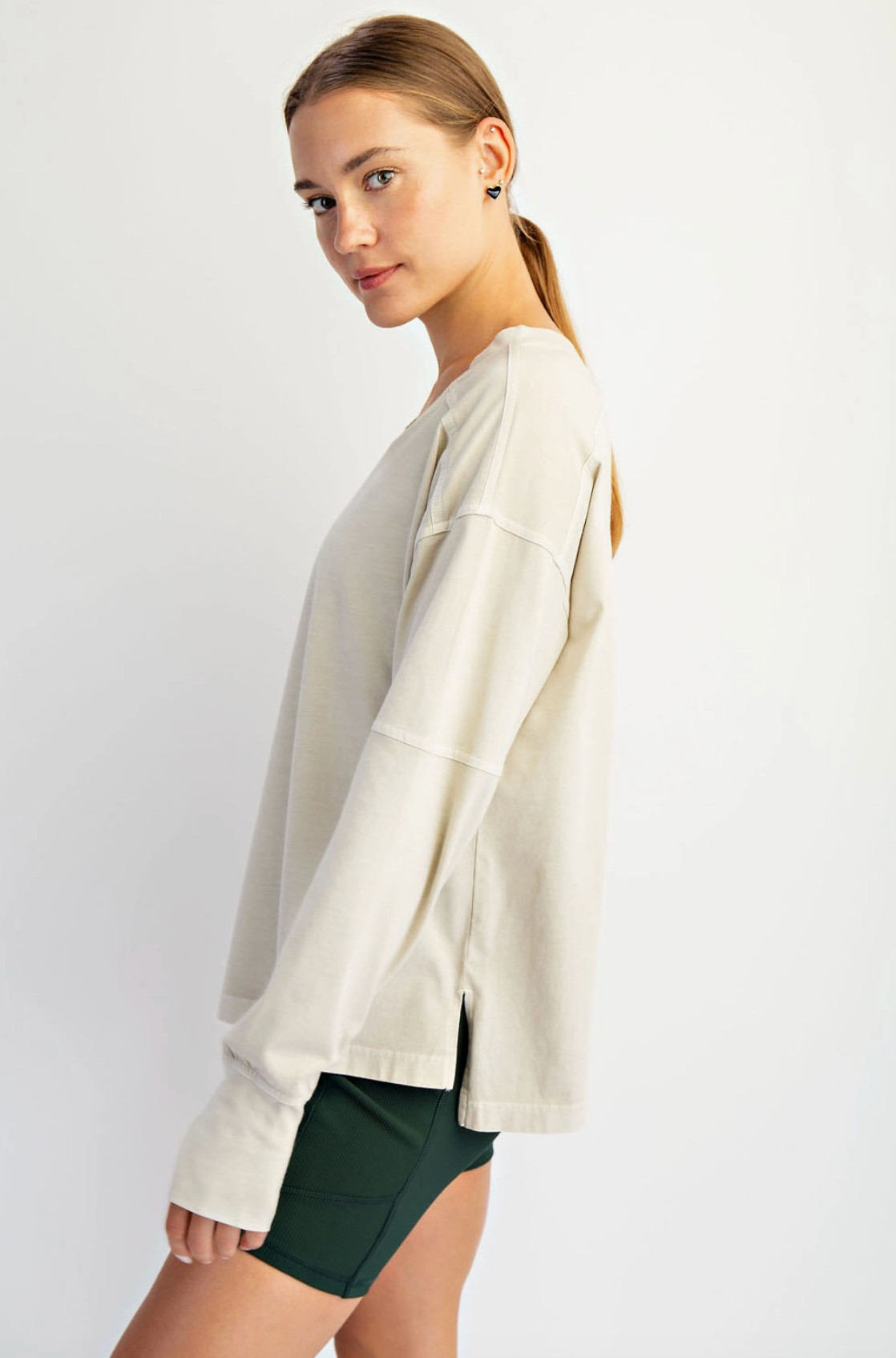 Pigment Washed Cotton V-Neck Top