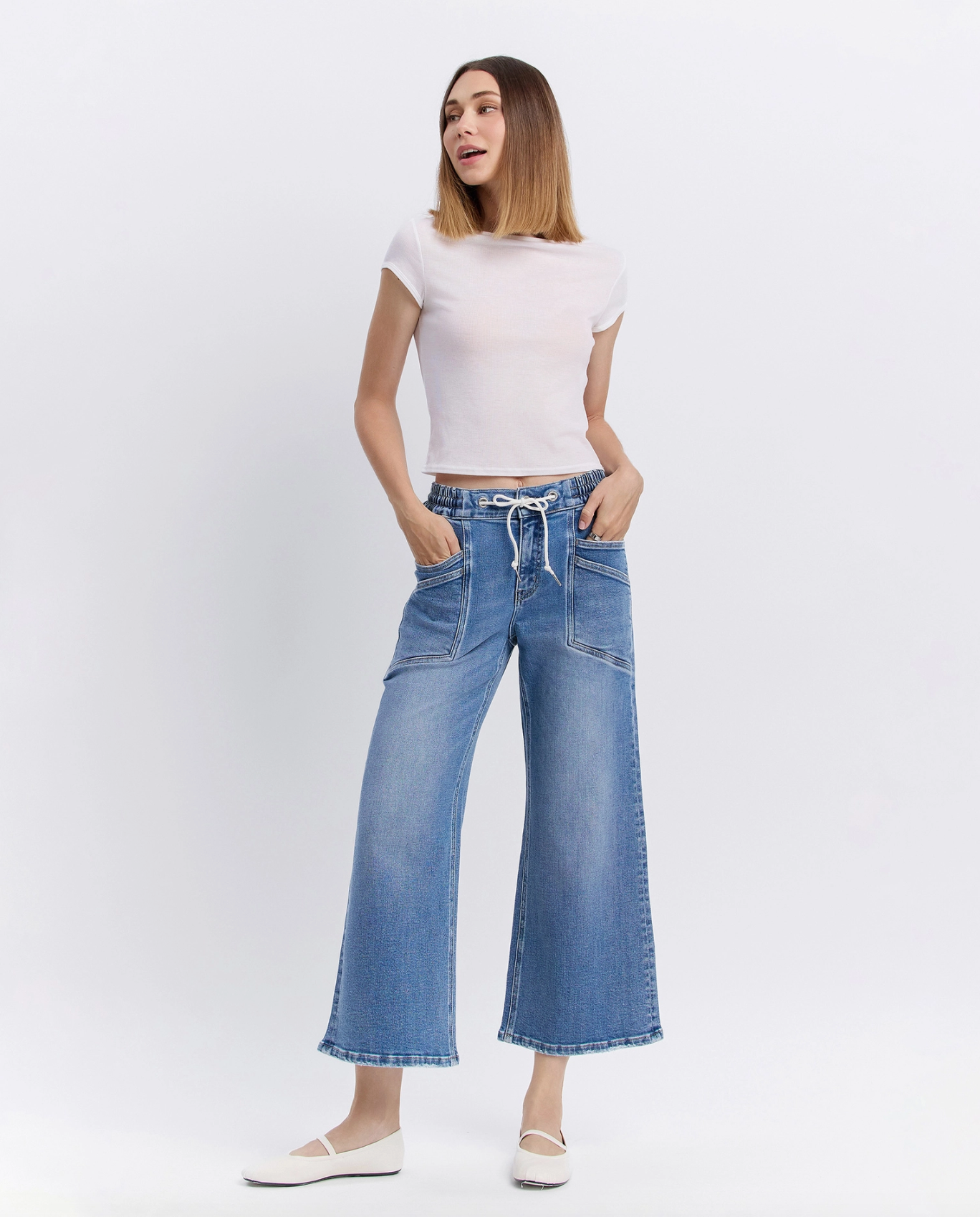 Drawstring Wide Leg Denim