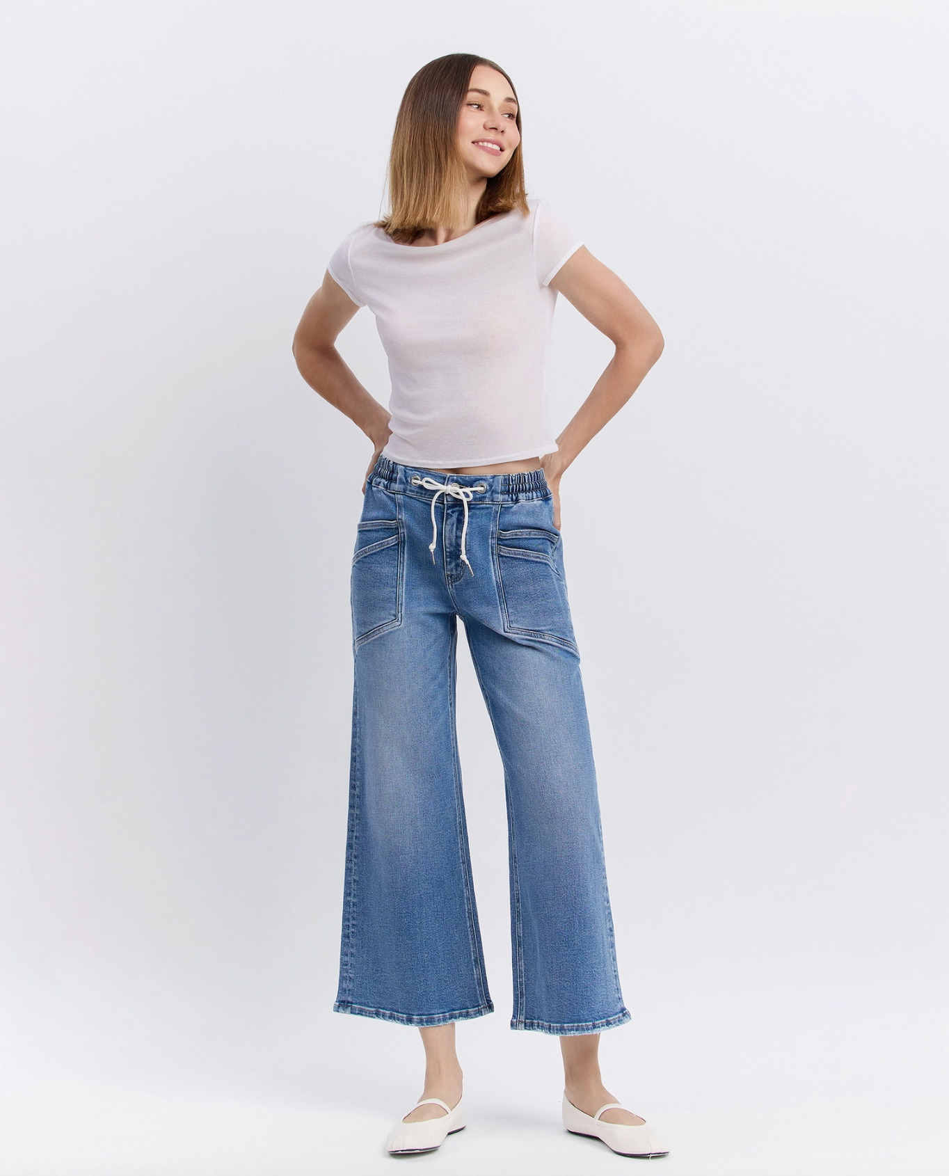 Drawstring Wide Leg Denim