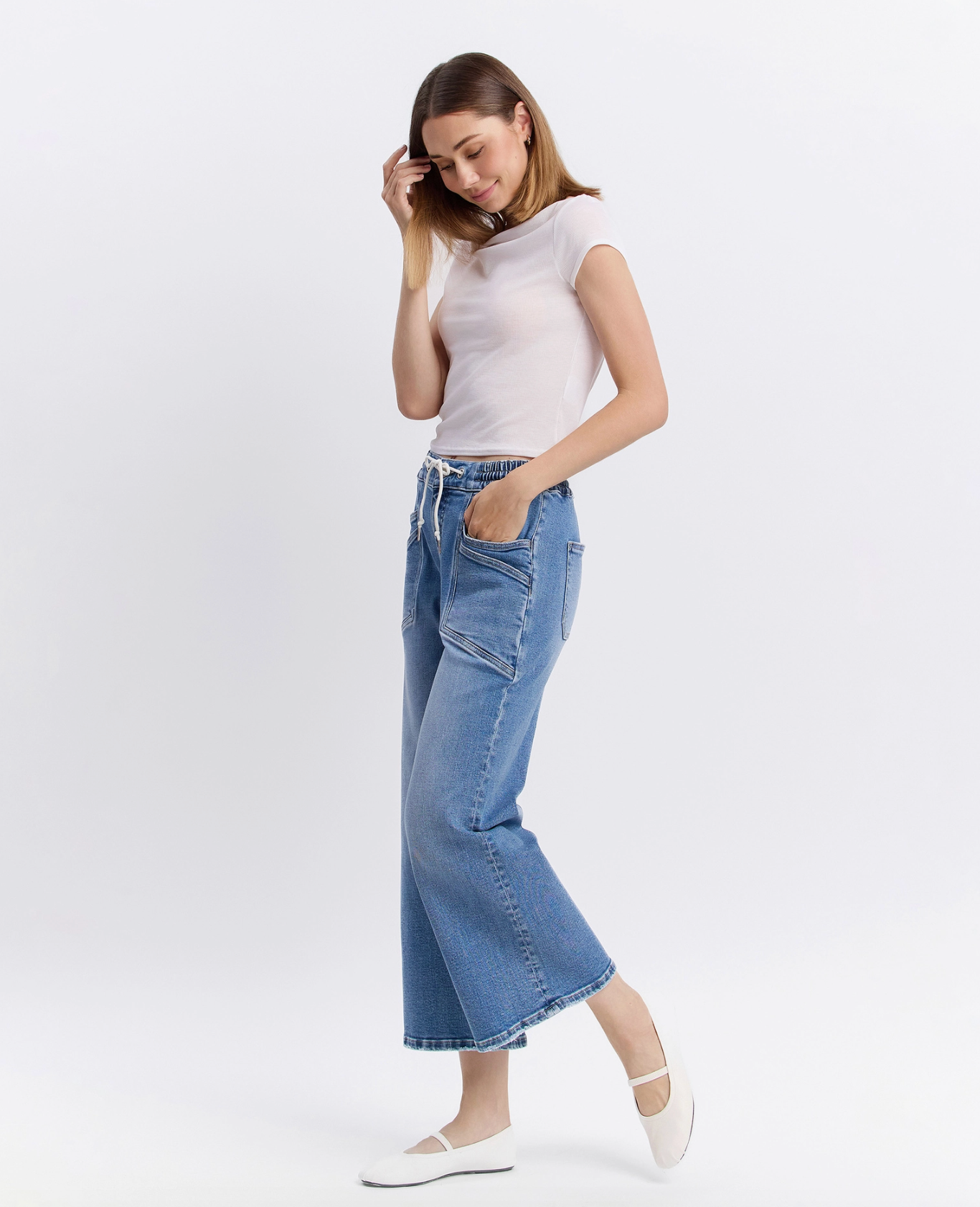 Drawstring Wide Leg Denim