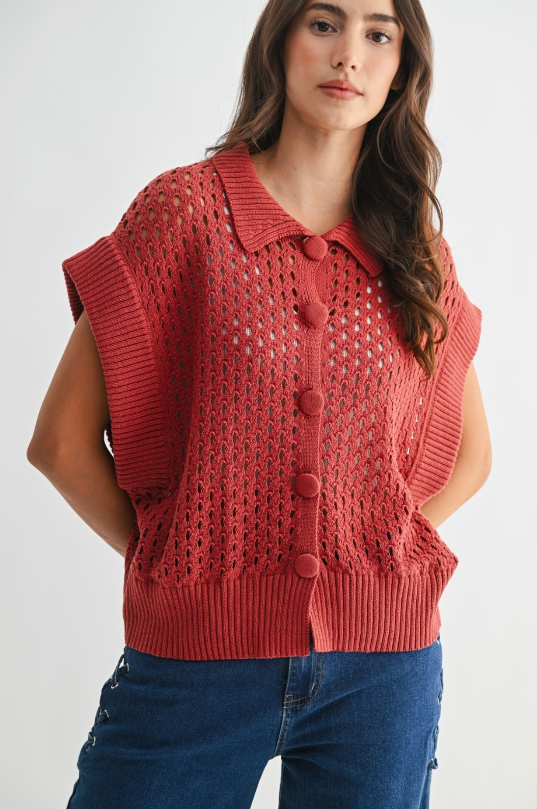 Carmella Open-Knit Button Front Cardigan Vest