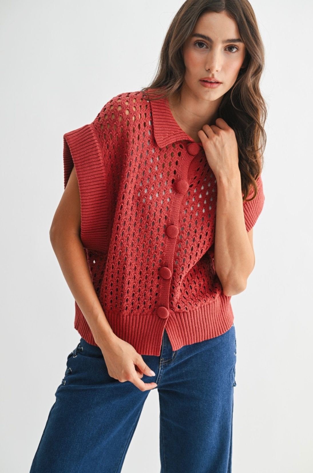 Carmella Open-Knit Button Front Cardigan Vest