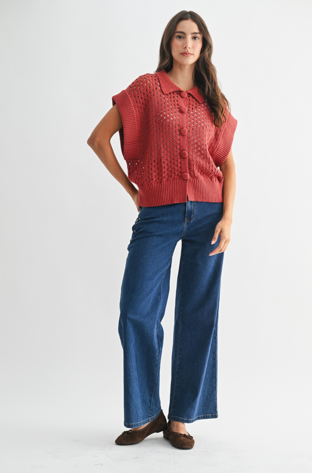 Carmella Open-Knit Button Front Cardigan Vest