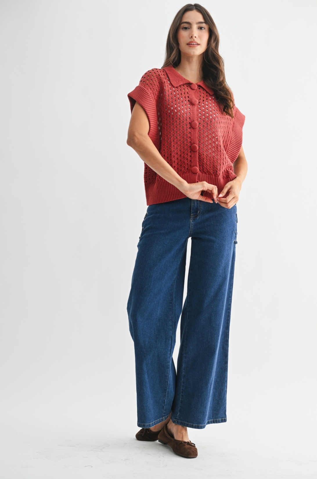 Carmella Open-Knit Button Front Cardigan Vest