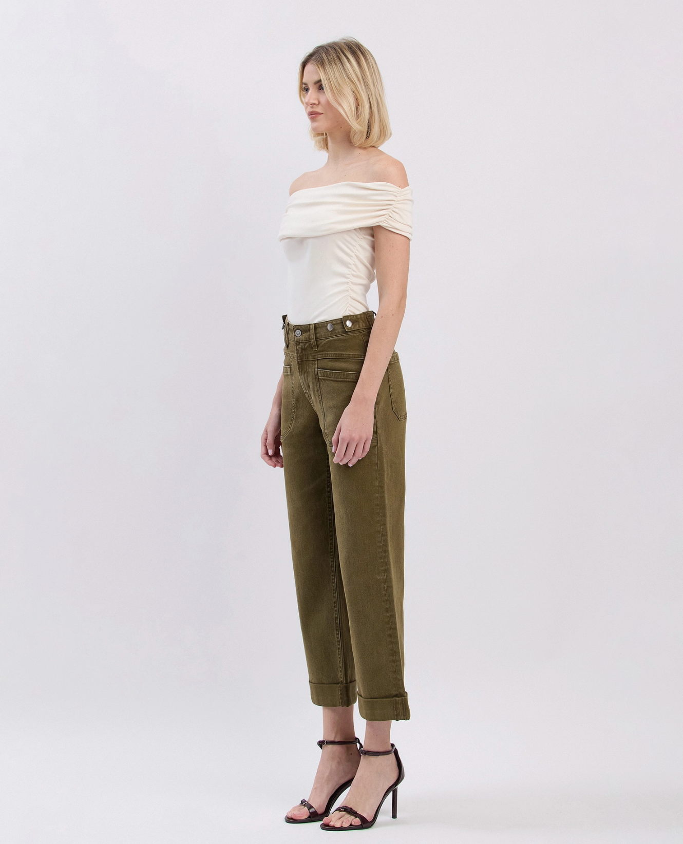 Tab Waistband Cuffed Slim Wide Jeans