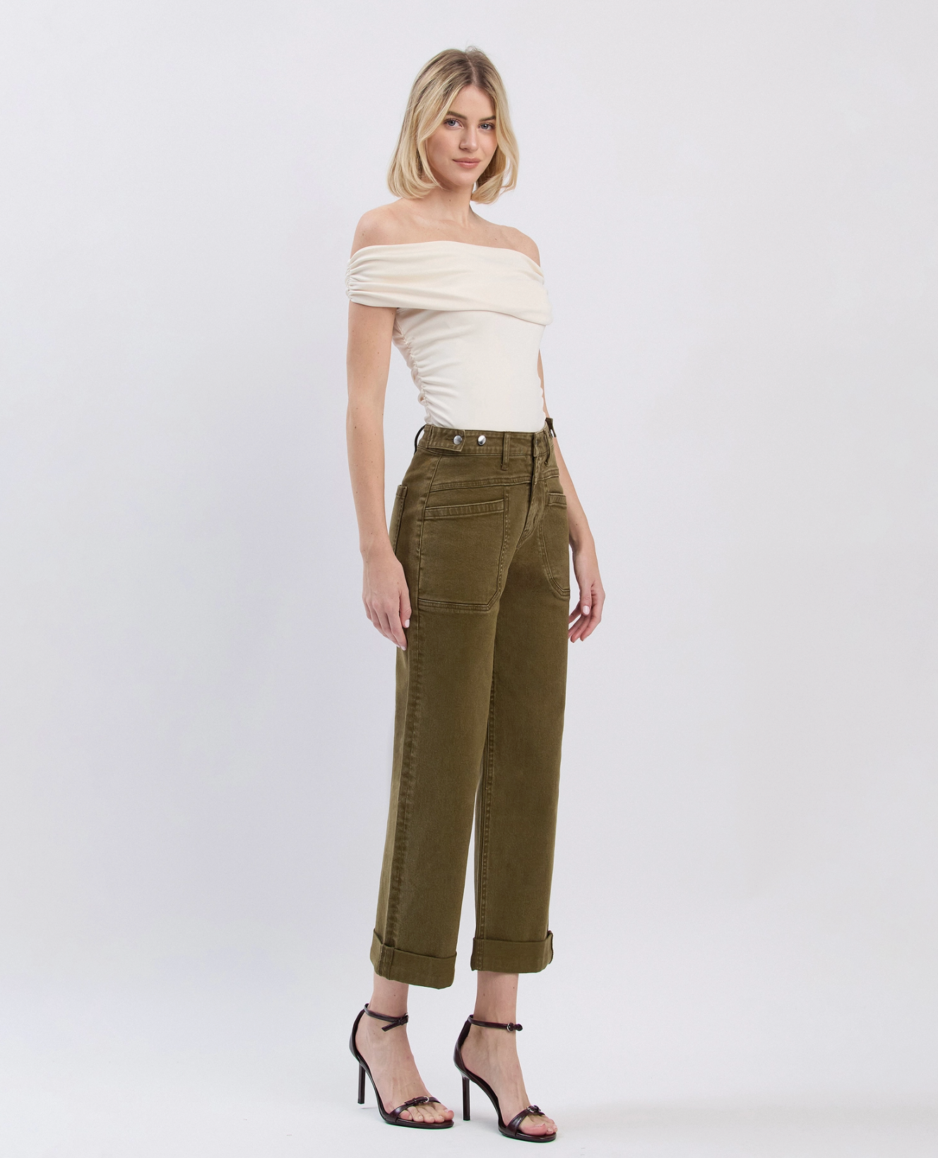 Tab Waistband Cuffed Slim Wide Jeans
