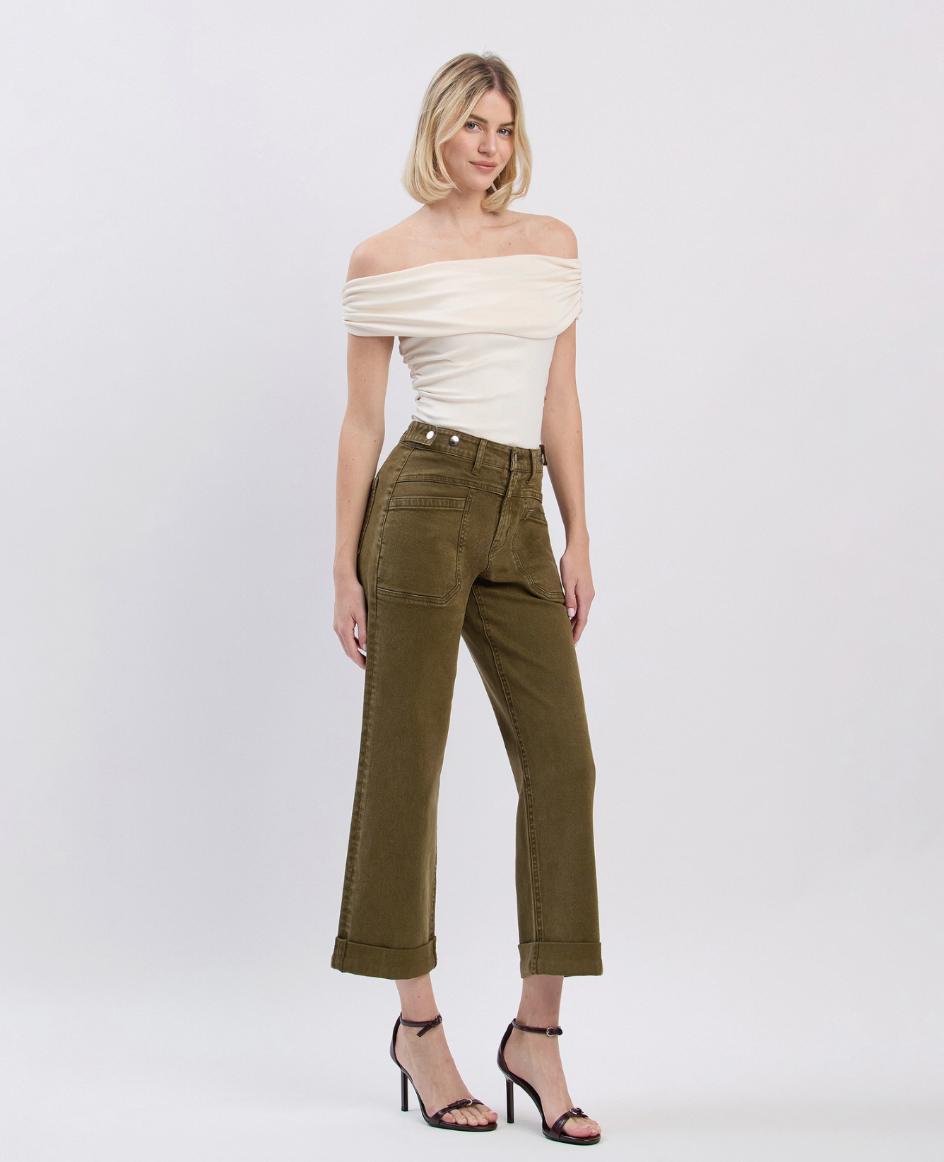 Tab Waistband Cuffed Slim Wide Jeans