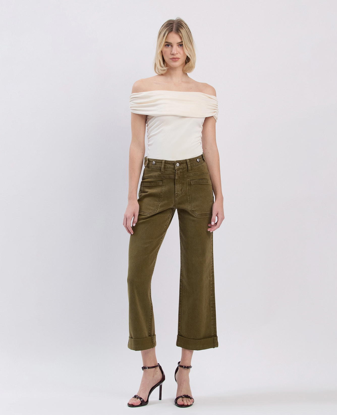 Tab Waistband Cuffed Slim Wide Jeans
