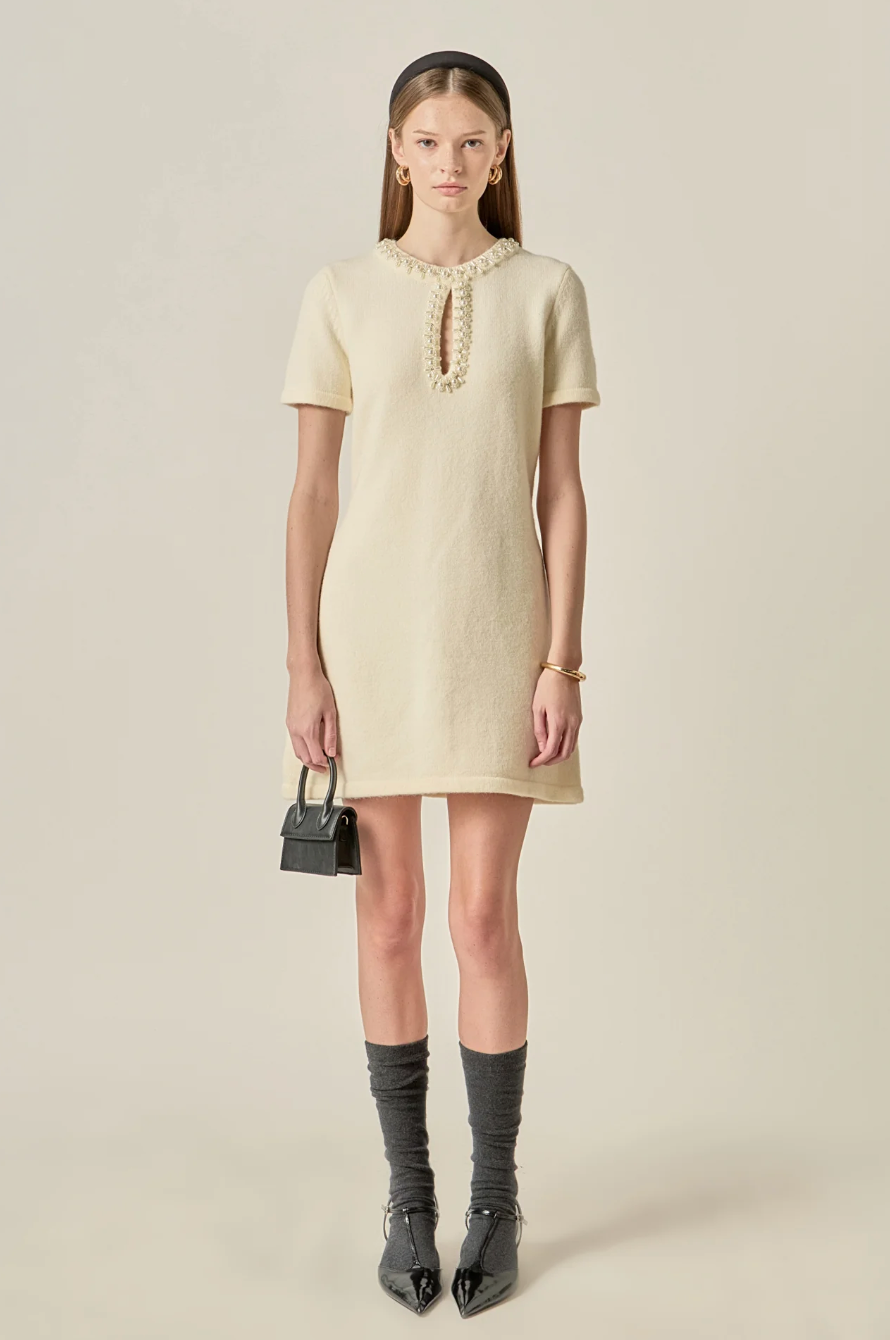 The Pearl Embellished Knit Mini Dress