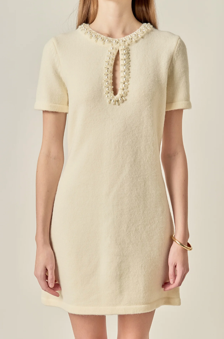 The Pearl Embellished Knit Mini Dress