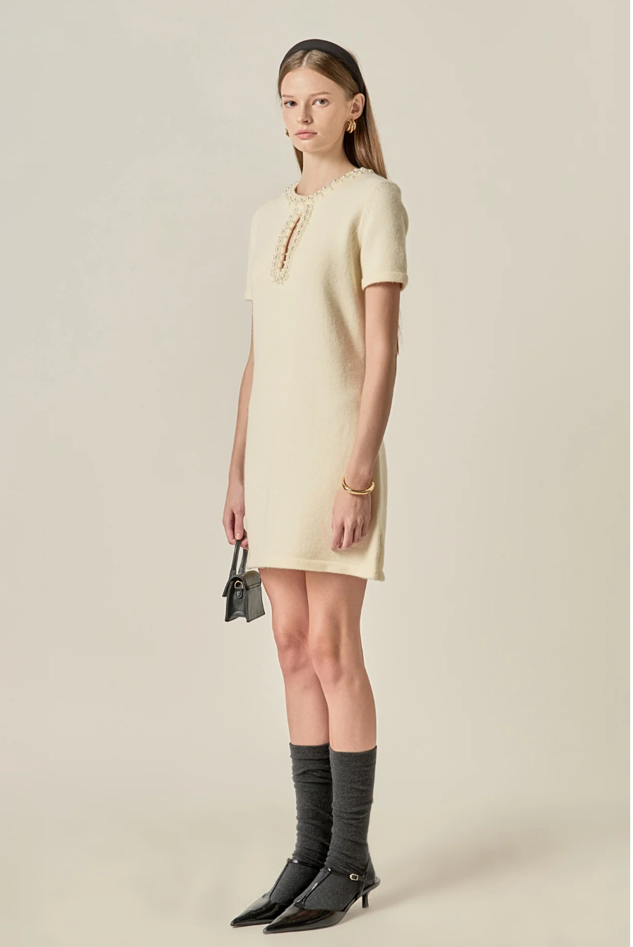 The Pearl Embellished Knit Mini Dress