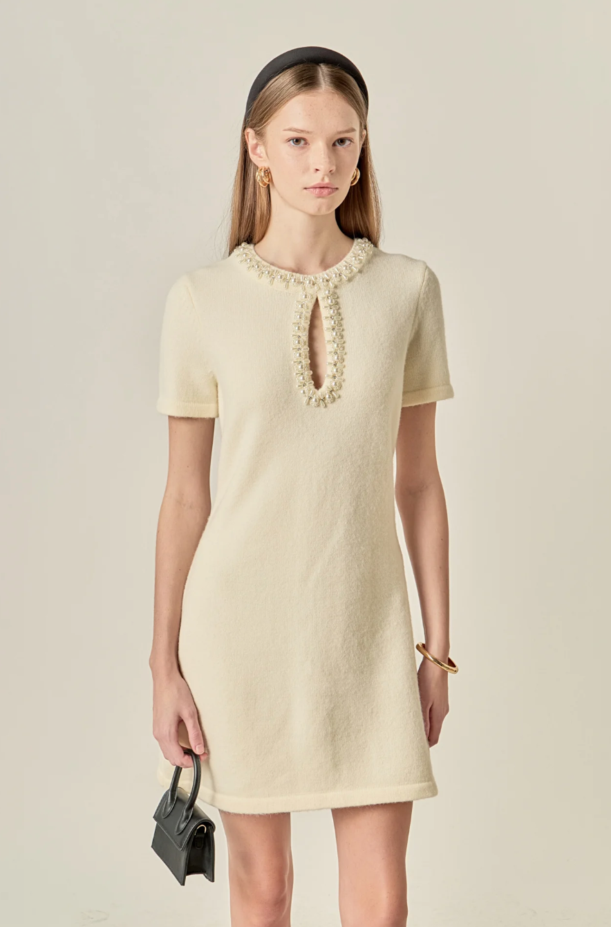 The Pearl Embellished Knit Mini Dress