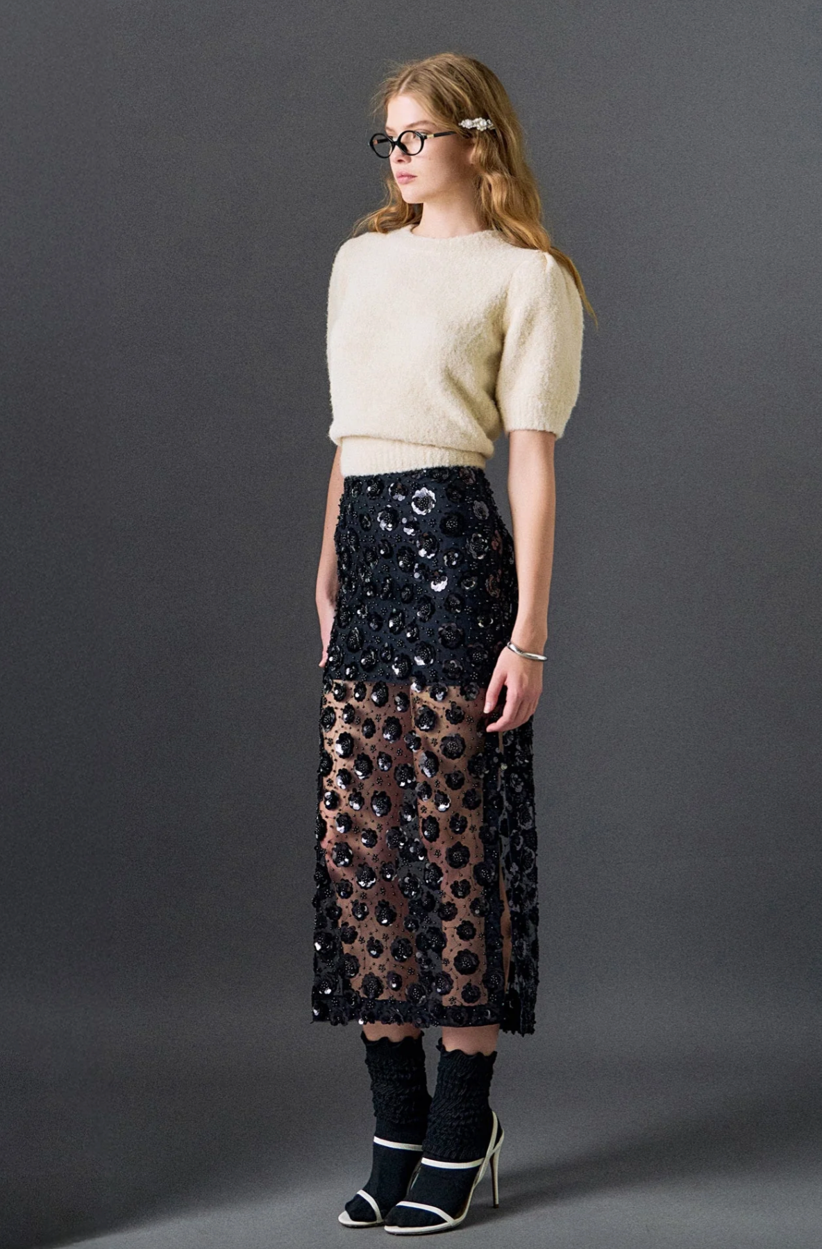 Flower Sequin Sheer Midi Skirt