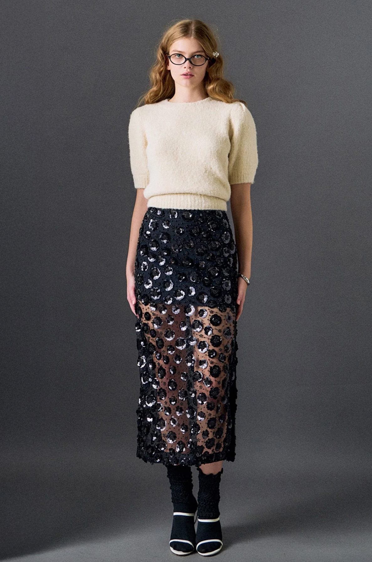 Flower Sequin Sheer Midi Skirt