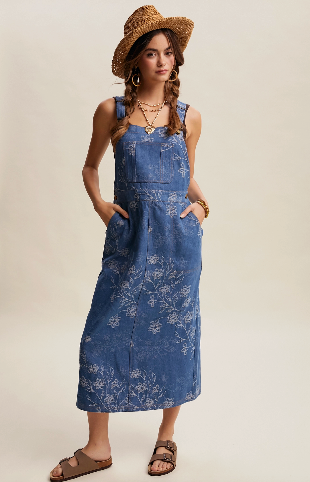 Floral Embroidered Denim Overall Dress