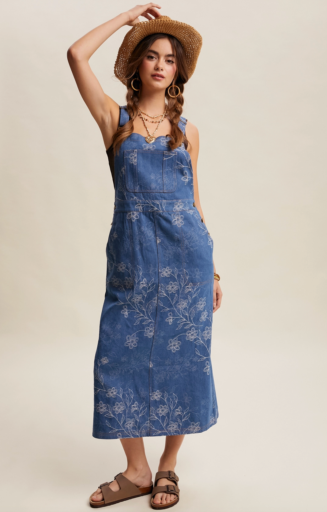 Floral Embroidered Denim Overall Dress