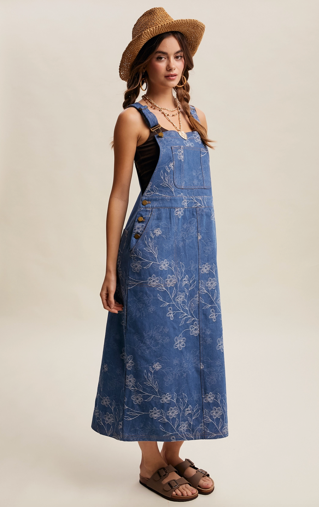floral embroidered denim overall dress Embroidered Floral Skirtall