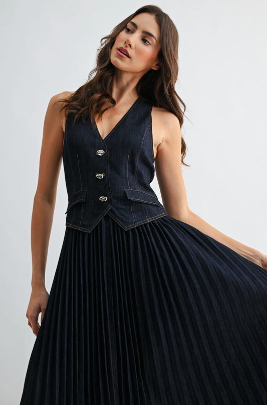 Denim V-Neck Buttoned Vest Pleated Dress