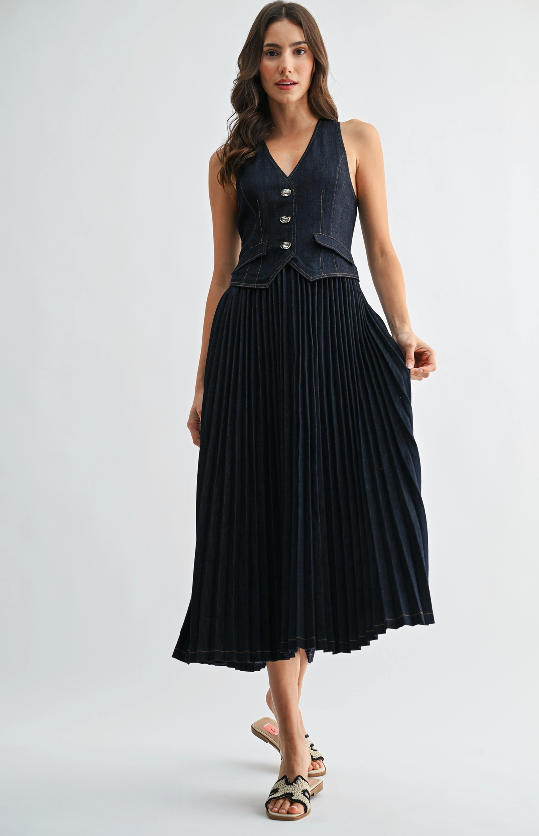 Denim V-Neck Buttoned Vest Pleated Dress