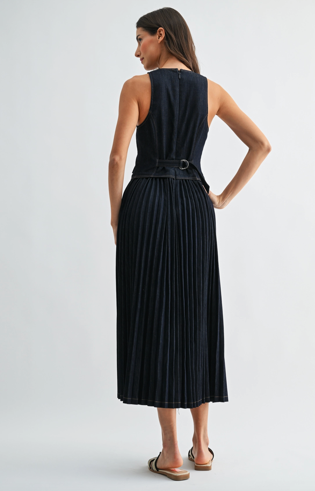 Denim V-Neck Buttoned Vest Pleated Dress