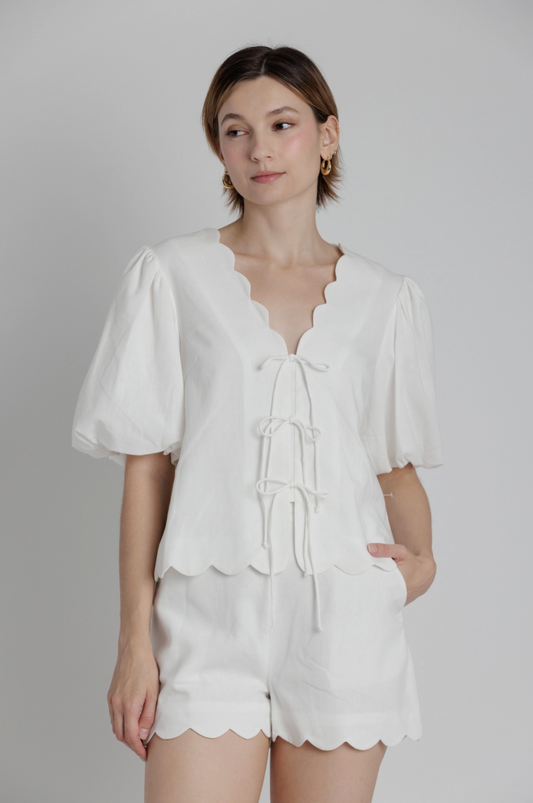 Scallop Hem Blouse w/ Ties