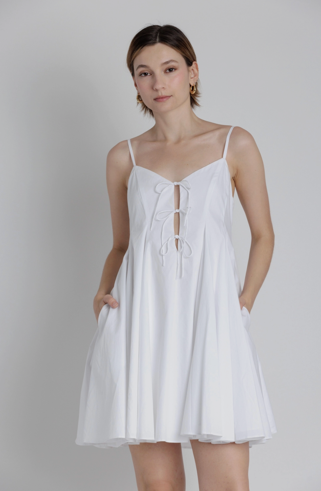 Pleated Poplin Mini Dress w/ Ties