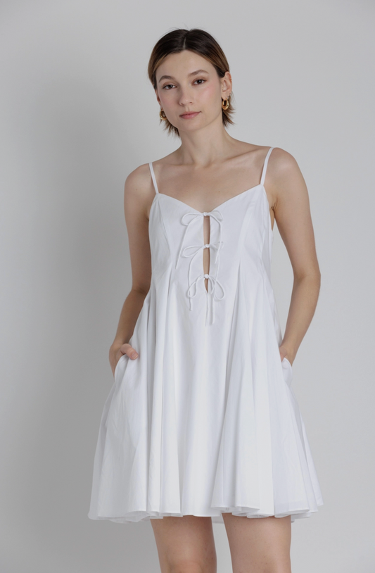 Pleated Poplin Mini Dress w/ Ties