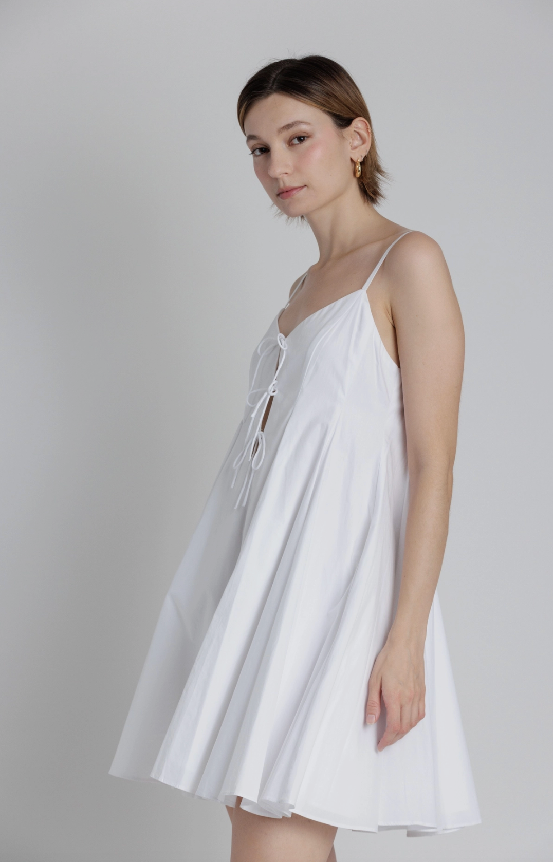 Pleated Poplin Mini Dress w/ Ties
