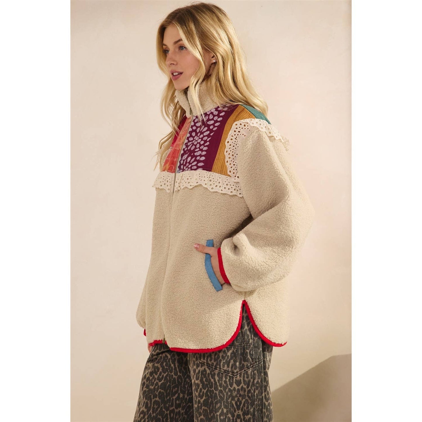 Contrast Printed Teddy Jacket