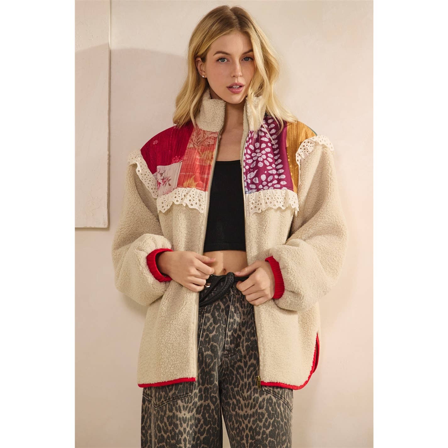 Contrast Printed Teddy Jacket