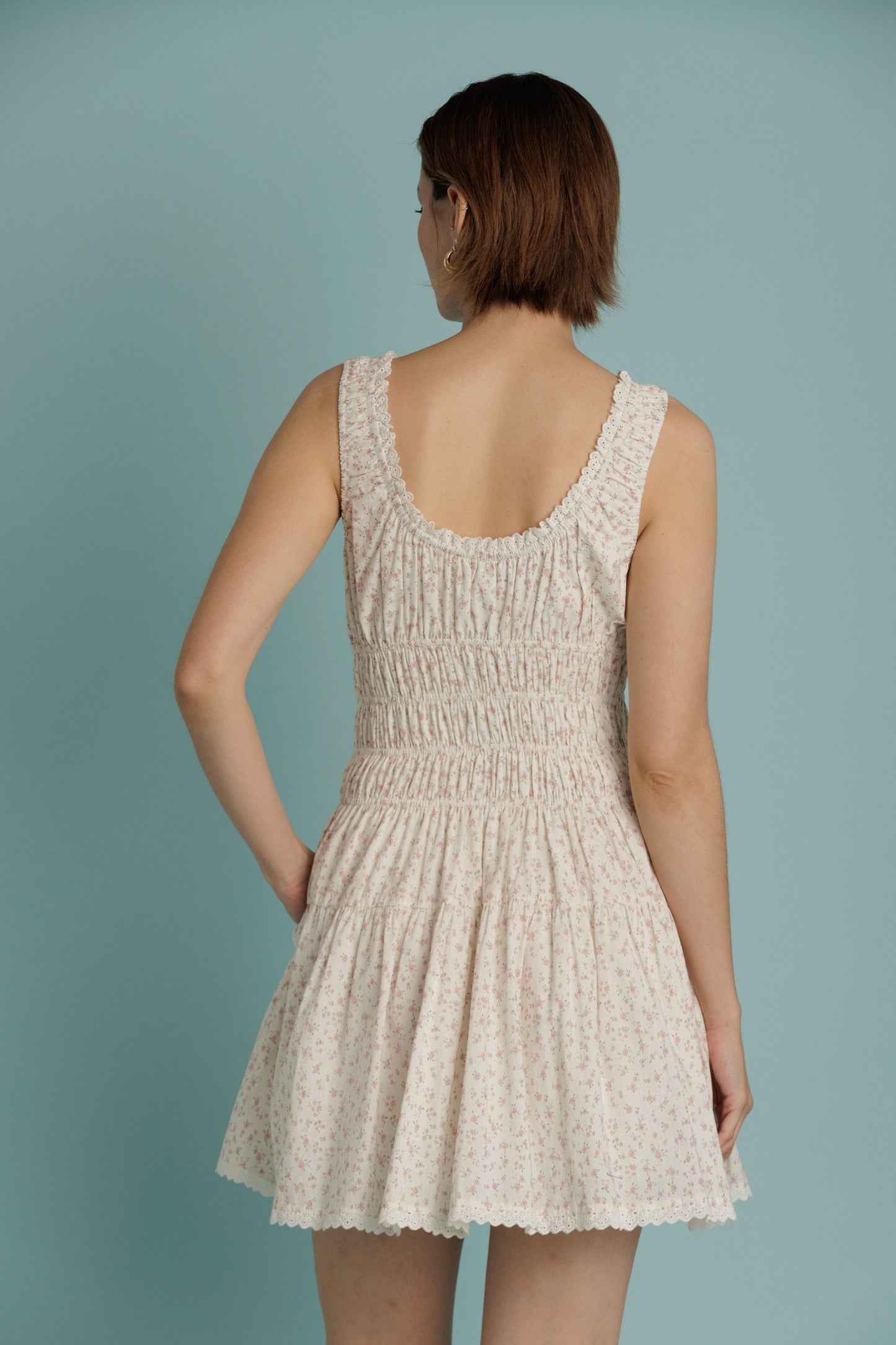 Eyelet Trim Floral Mini Dress