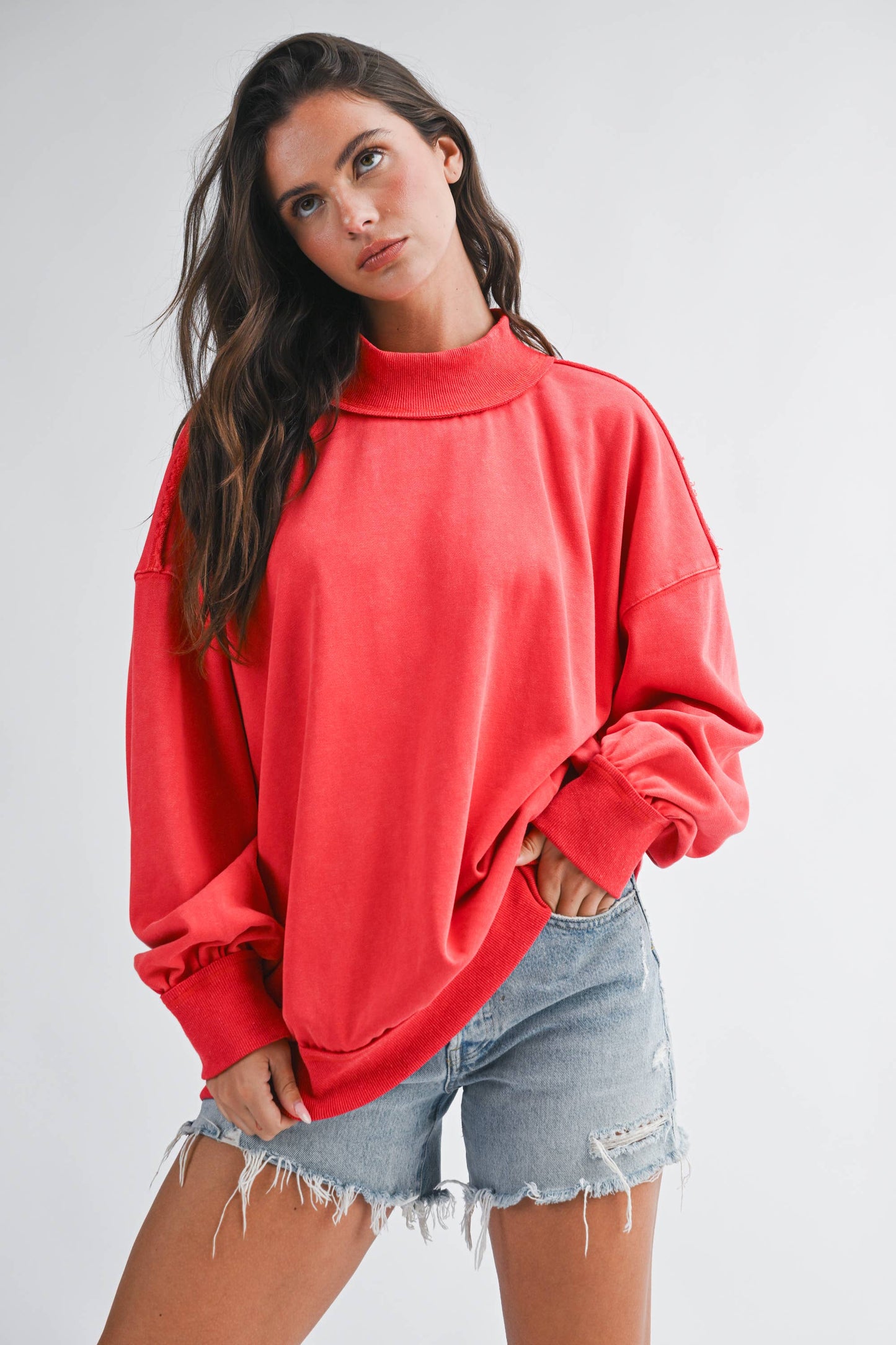Oversized Mock Neck Washed Sweatshirt